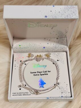 Disney Silver-Plated Sparkling Minnie Adjustable Bracelet and Earrings